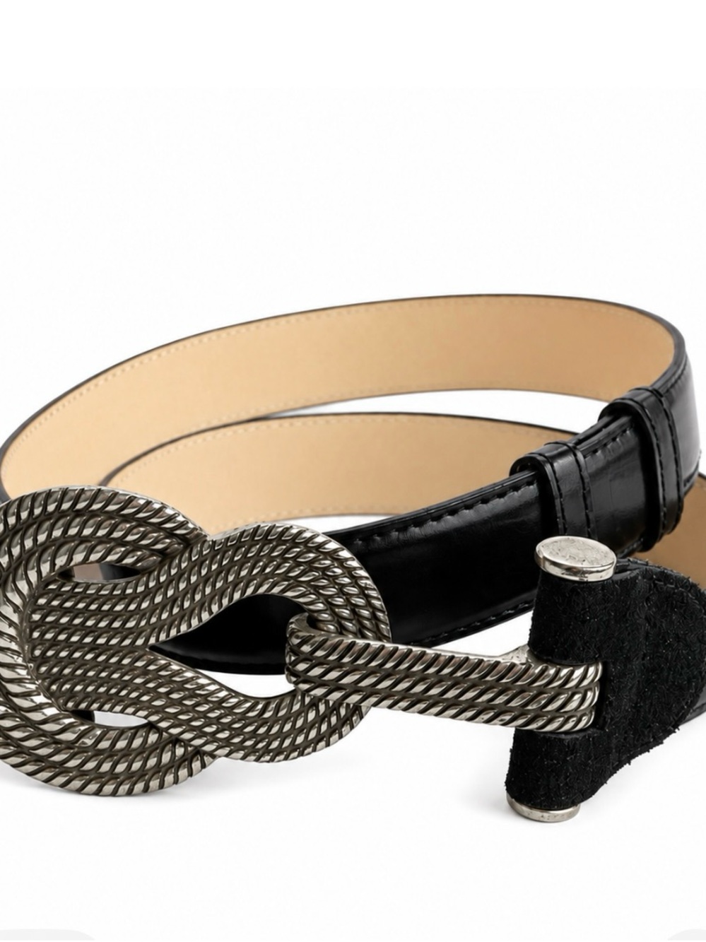 Vintage Black Leather Twisted Rope Buckle Belt Western Boho M/L